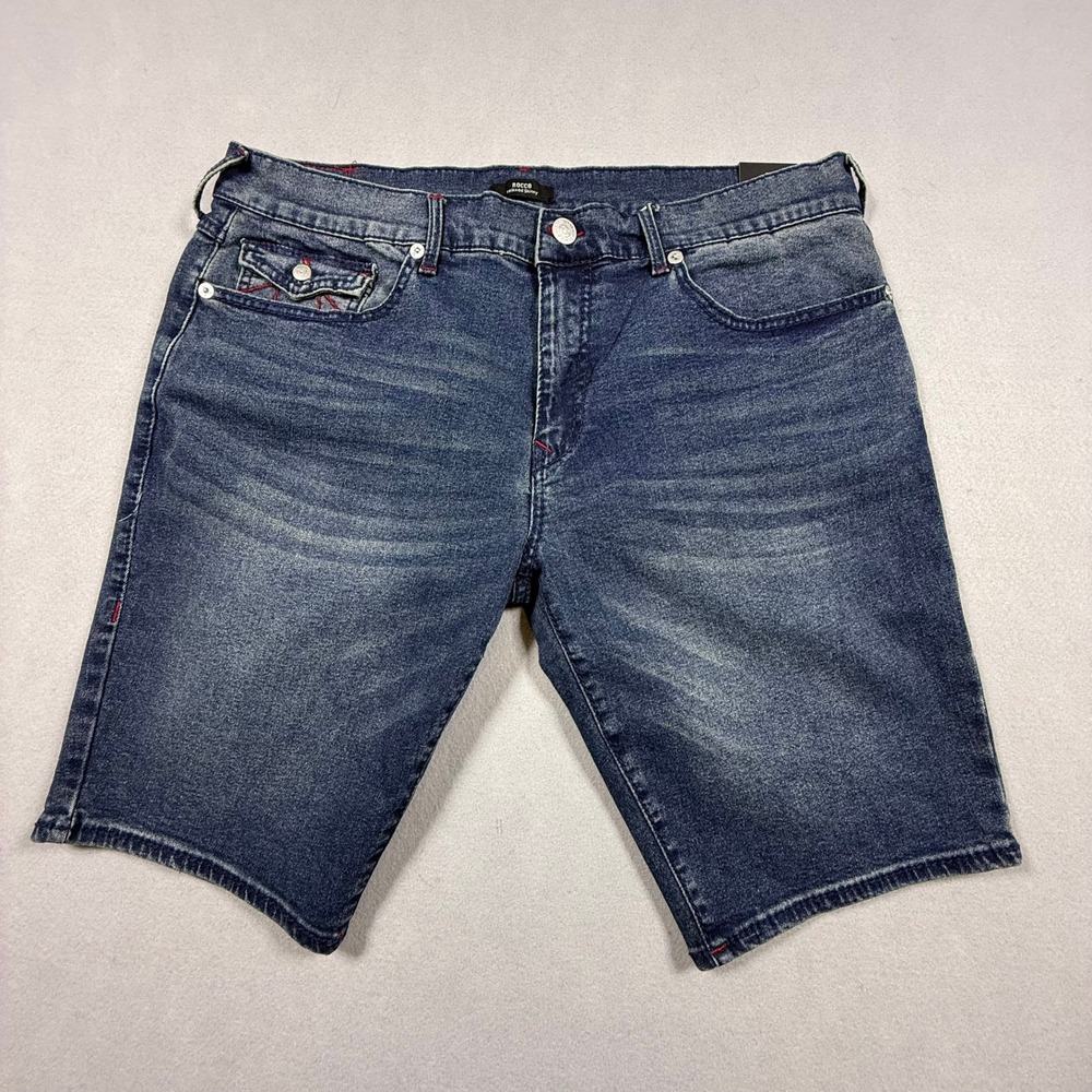 True Religion Denim Shorts Mens Rocco W38 Blue Red Stitch Relaxed Skinny NWT